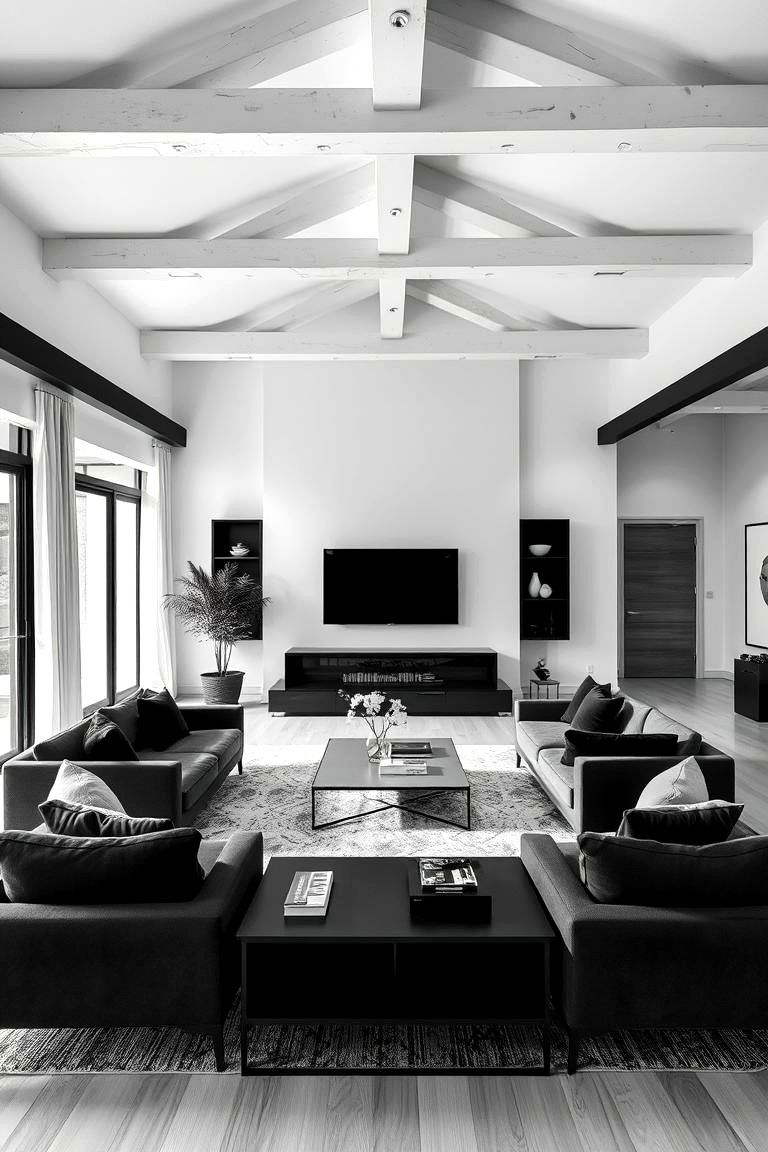 Minimalist Monochrome Style - 24 Exposed Beam Living Room Ideas