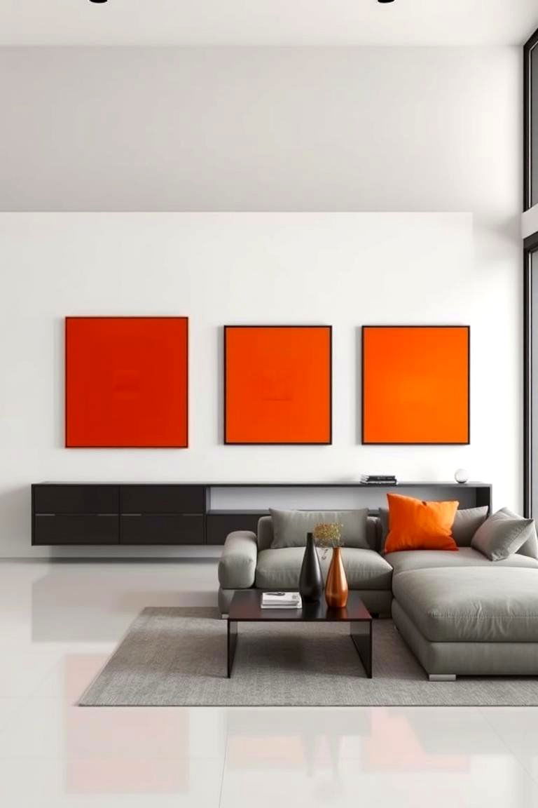 Minimalist Orange Art and Grey Accents - 24 Orange and Grey Living Room Ideas