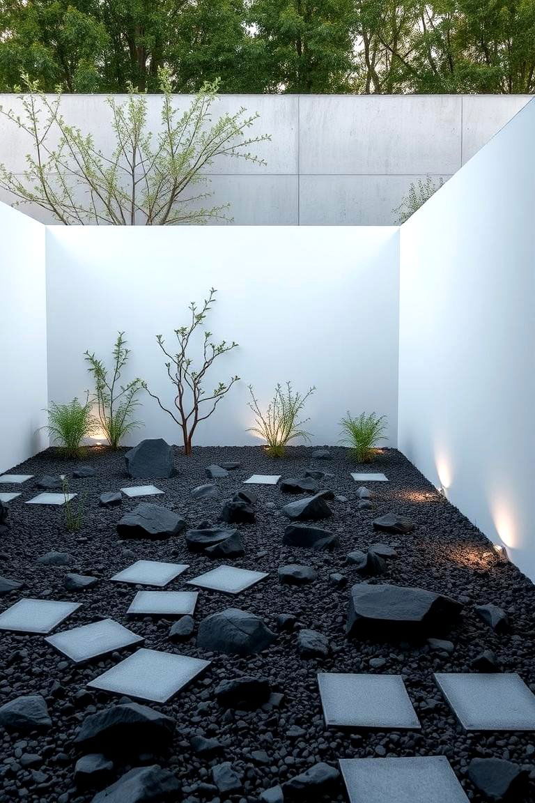 Minimalist Outdoor Space with Black River Rock - 24 Black River Rock Landscaping Ideas