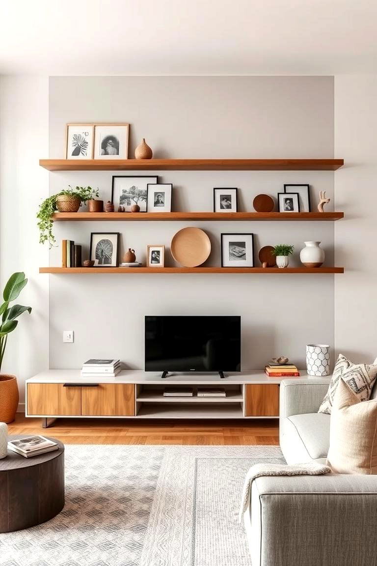 Minimalist Shelving Displays - 24 Minimalist Modern Boho Living Room Ideas