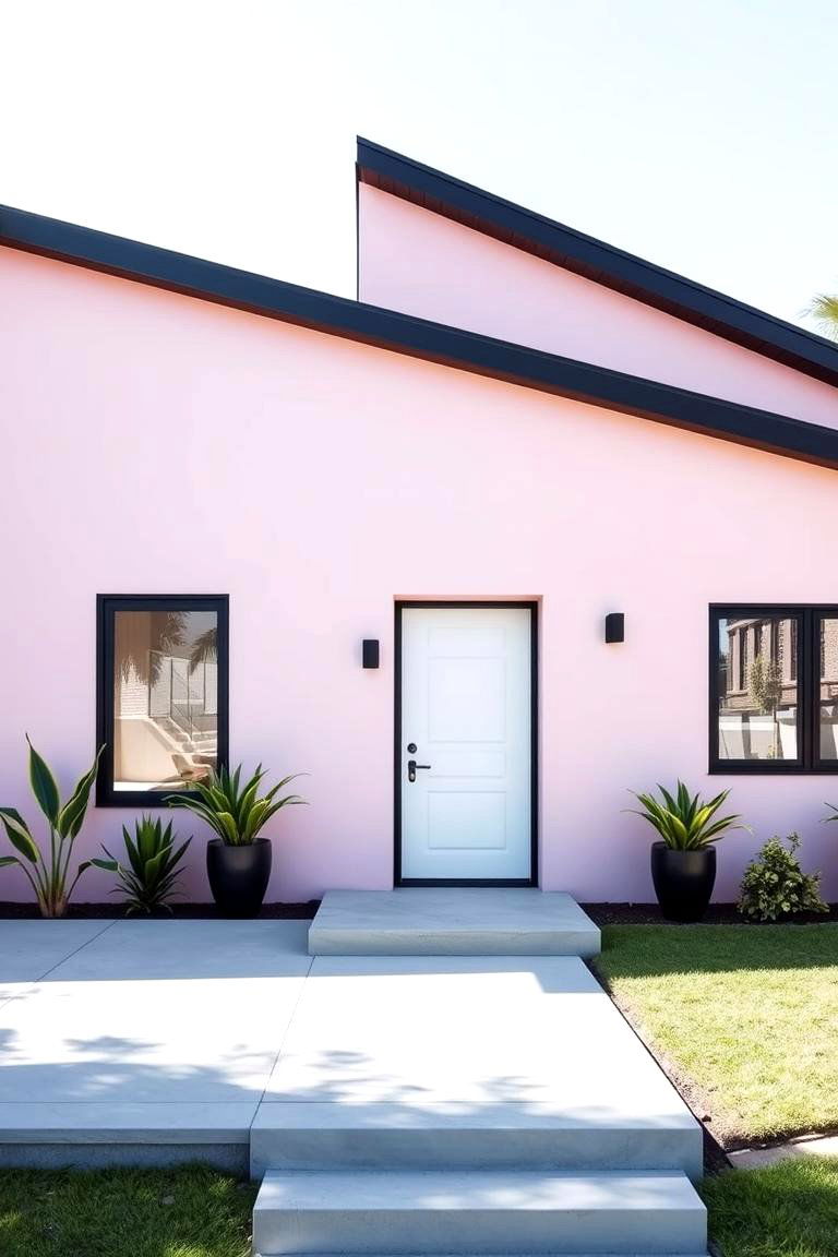 Minimalist Soft Pink and Black Trim - 24 Pink House Exterior Ideas