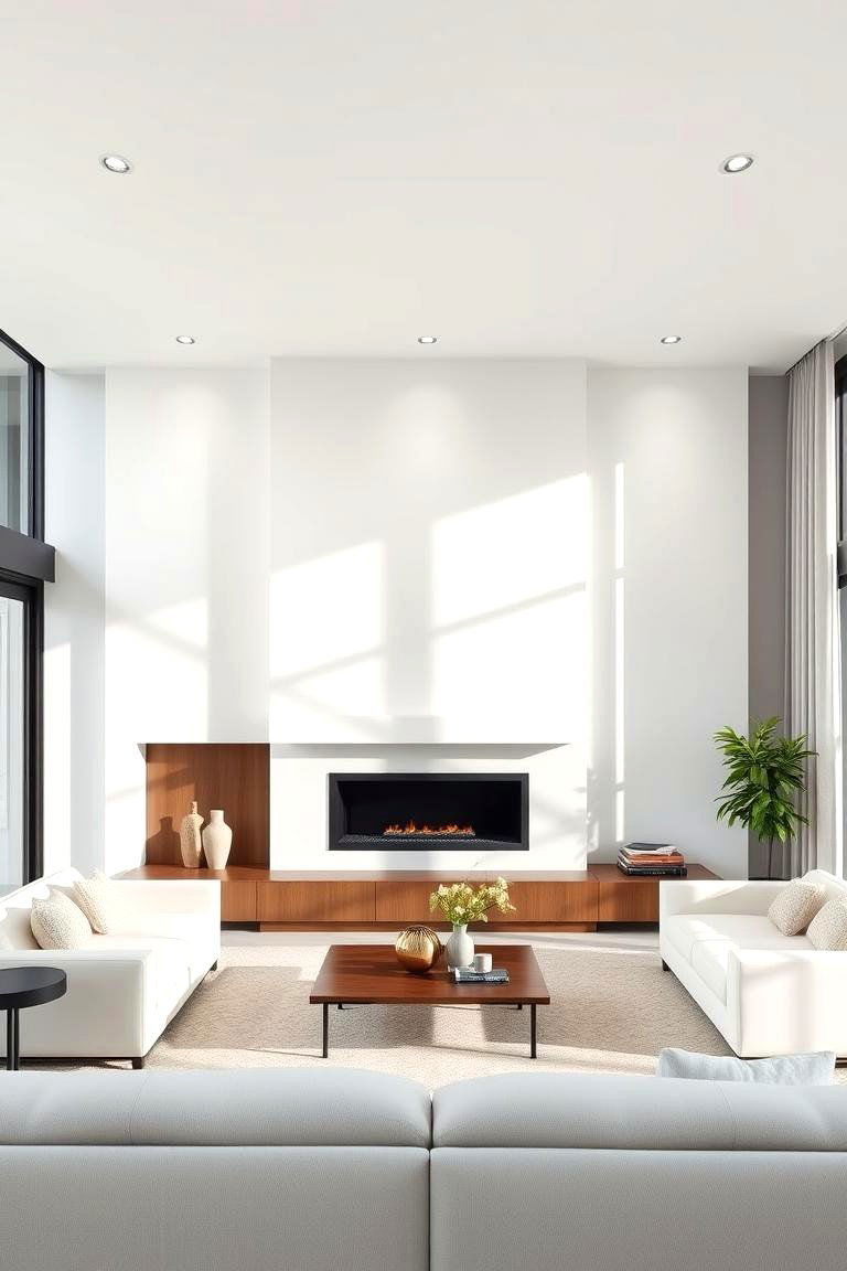 Minimalist White Wall with a Floating Mantel - 24 Fireplace Wall Ideas