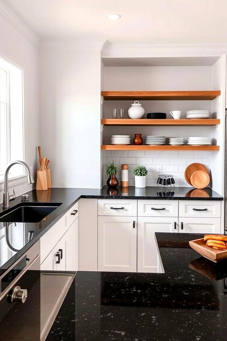 Minimalistic Open Shelving Fusion - 24 Black Granite Countertops Kitchen Ideas