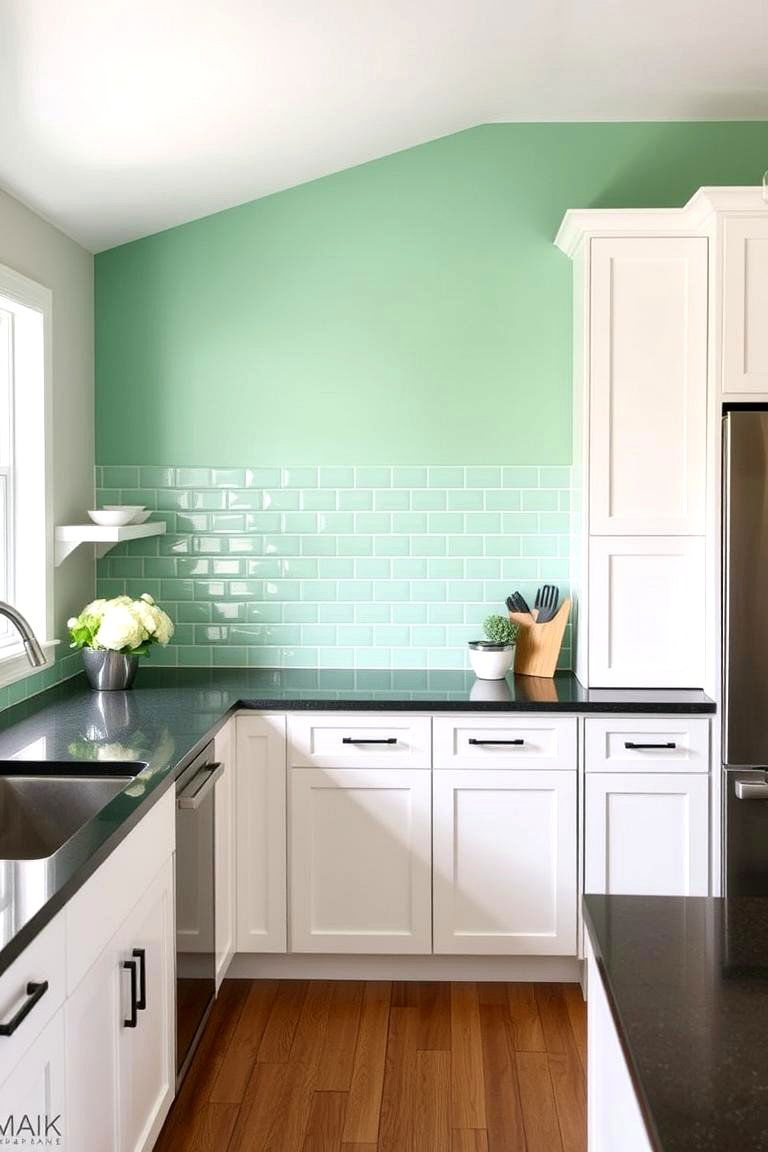 Mint Green Accent Wall to Break Up Neutral Tones - 24 Mint Kitchen Decor Ideas