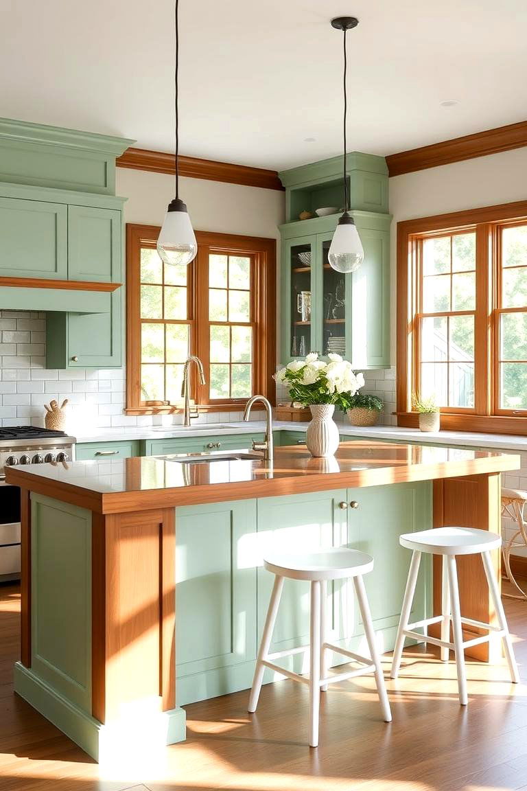 Mint Green Island with Wood Trim - 24 Mint Green Kitchen Ideas
