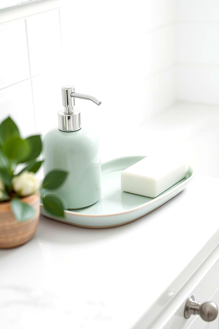 Mint Green Soap Dispenser and Tray - 24 Green Bathroom Ideas