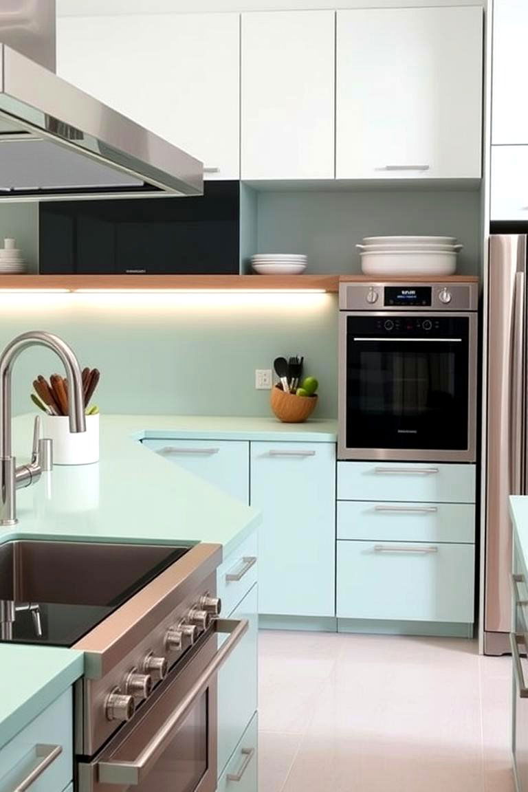 Mint Green Solid Surface Countertops with Stainless Steel Appliances - 24 Kitchen With Green Countertops Ideas