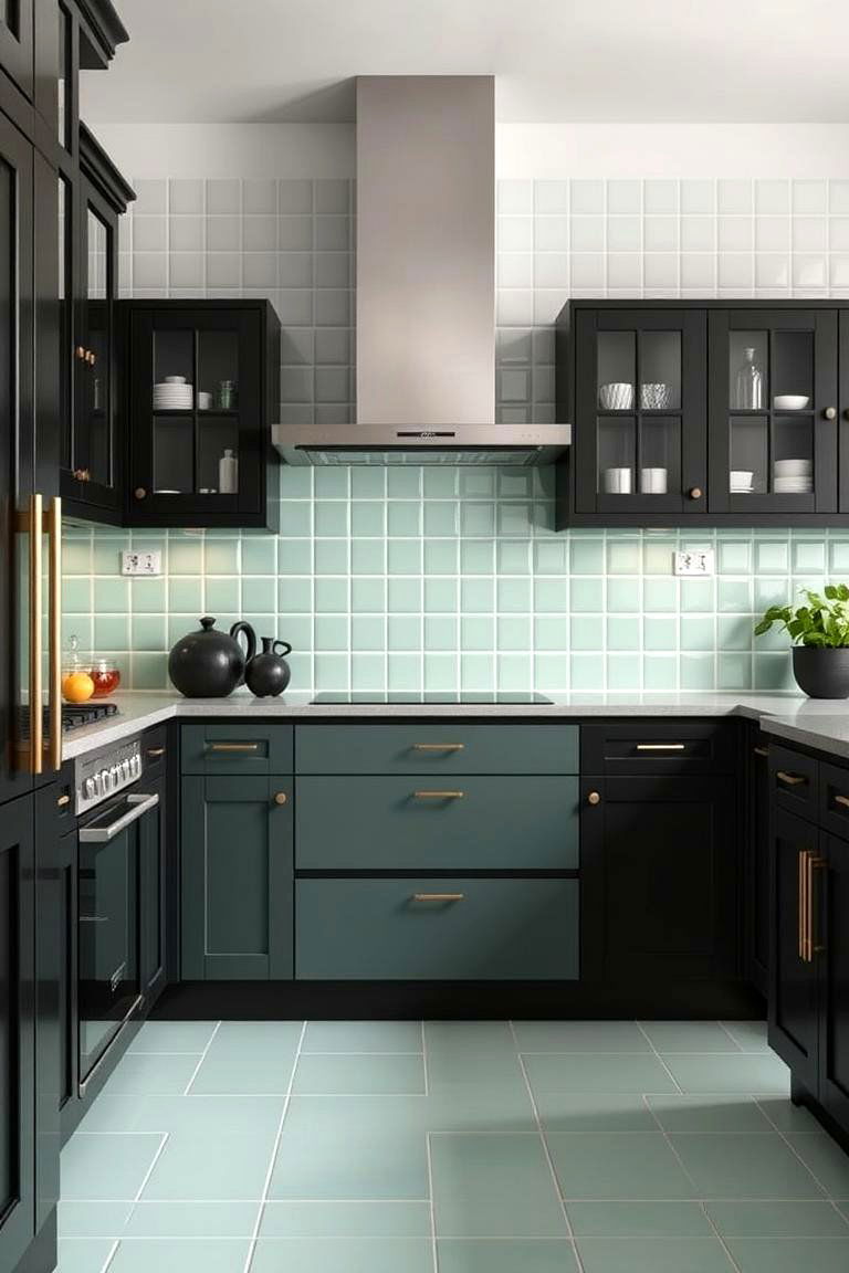 Mint Green Tiles with Black Accents - 24 Mint Green Kitchen Ideas