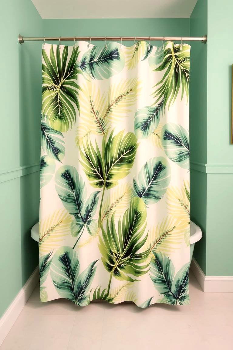 Mint Green Walls with Tropical Patterned Shower Curtain - 24 Mint Green Bathroom Ideas