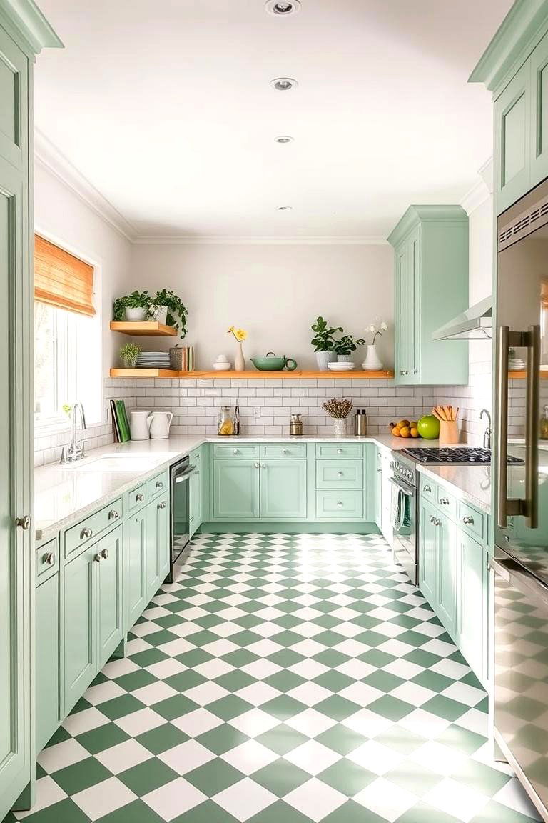 Mint Green and White Checkerboard Flooring - 24 Mint Green Kitchen Ideas