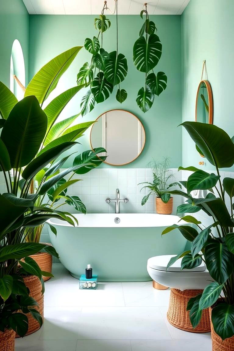 Mint Green with Plant Accents for a Tropical Vibe - 24 Mint Green Bathroom Ideas
