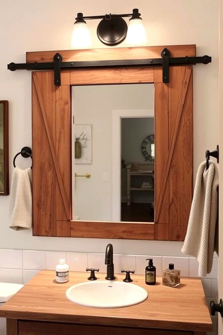 Mirror with Barn Door Frame - 24 Farmhouse Bathroom Mirrors Ideas