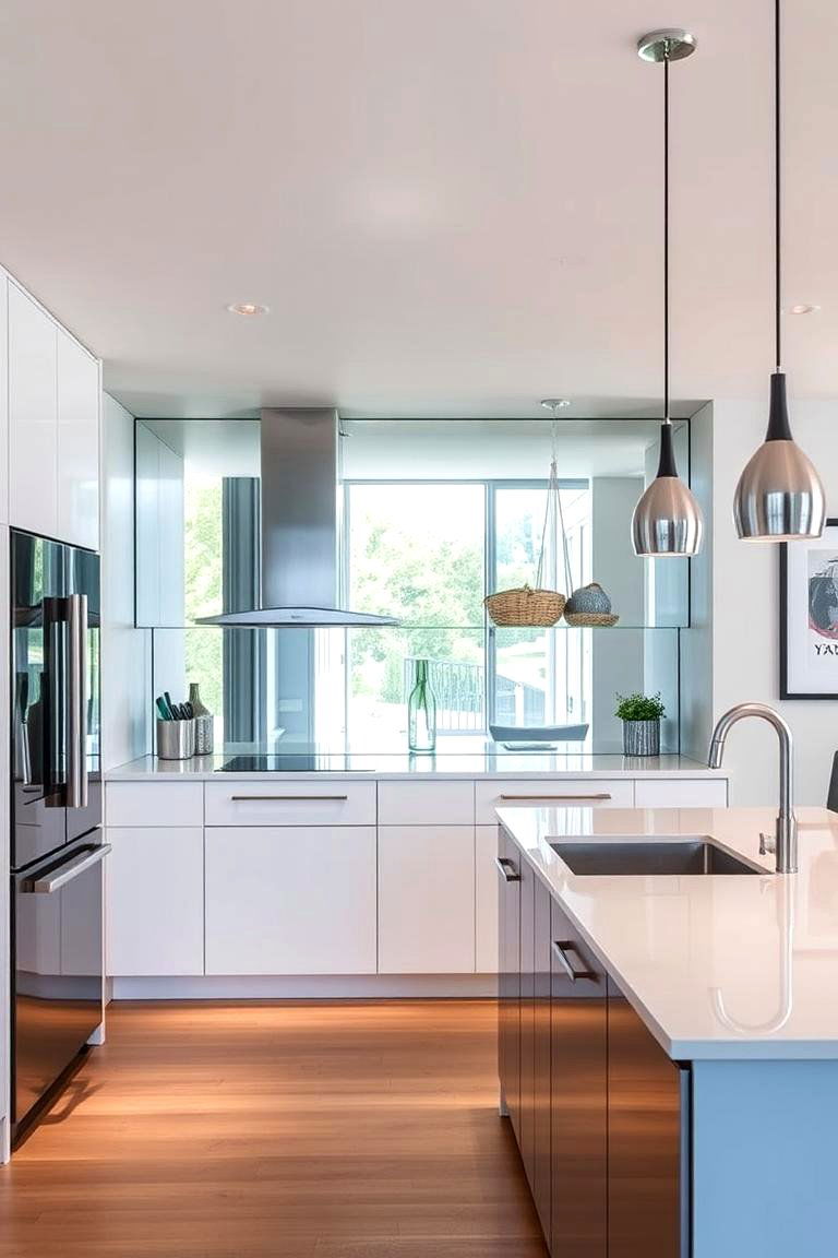 Mirrored Backsplash to Enhance Space - 24 Open Kitchen Living Room Ideas