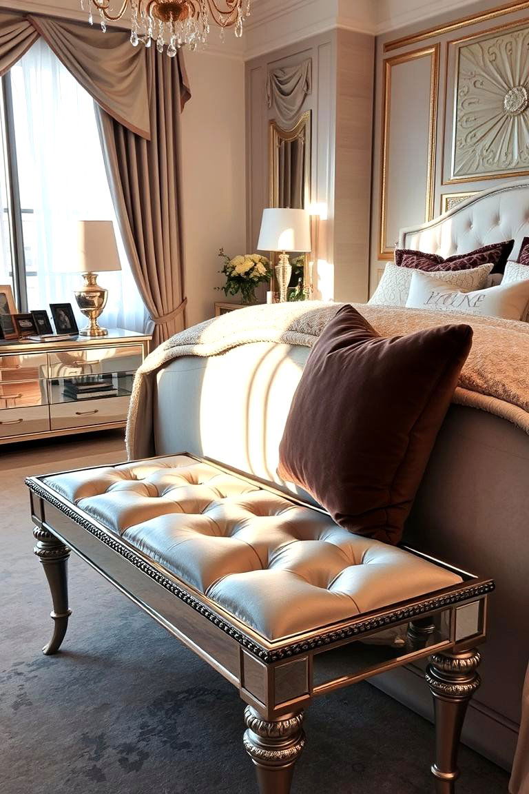 Mirrored Bench for Glamorous Flair - 24 Bedroom Bench Ideas