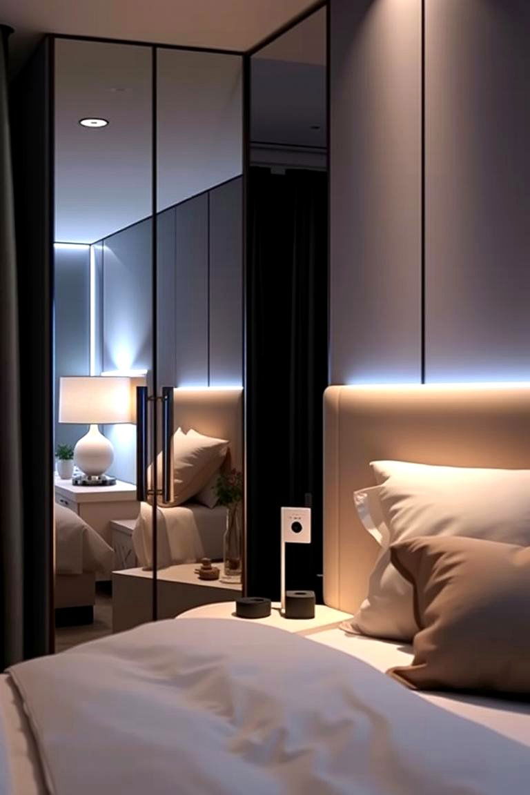 Mirrored Nightstand with Geometric Mirror Behind - 24 Mirror Behind Nightstand Design Ideas