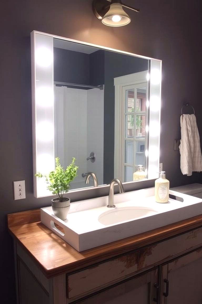 Mirrored Tray with Built in Lighting - 24 Farmhouse Bathroom Mirrors Ideas