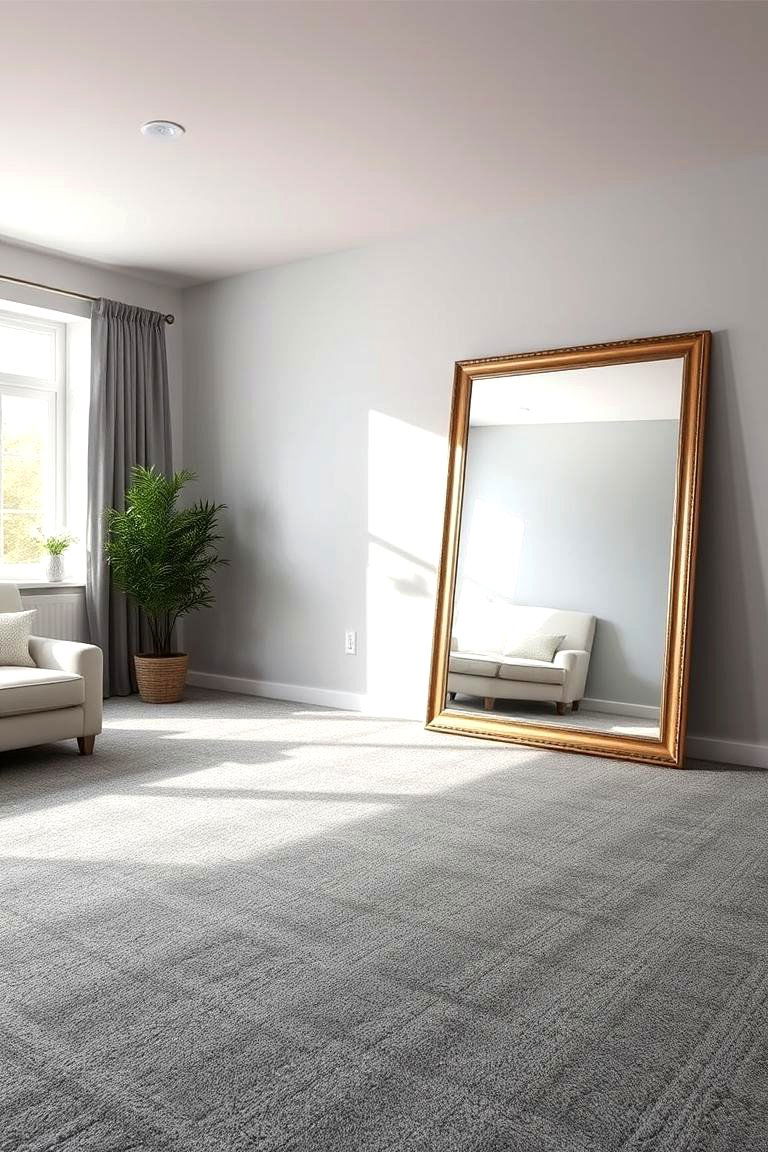 Mirrored Wall to Enhance Space with Grey Carpet - 24 grey carpet living room ideas