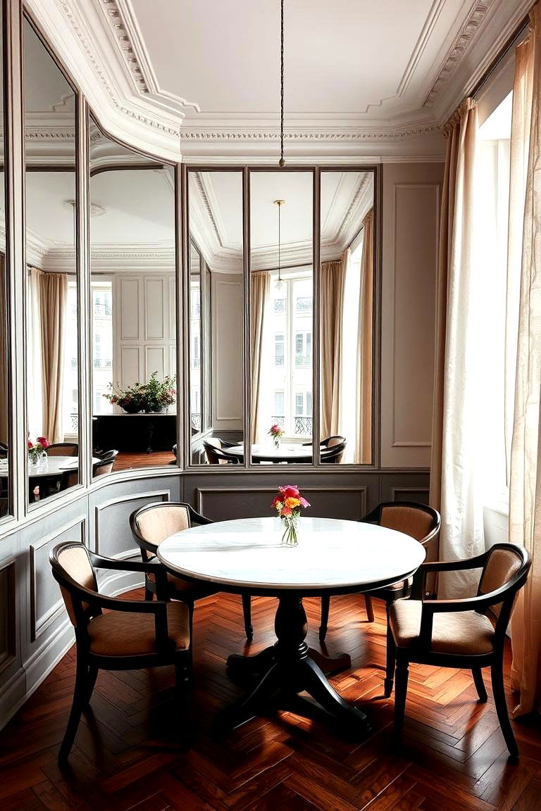 Mirrored Walls for Added Depth - 24 Parisian Dining Room Ideas