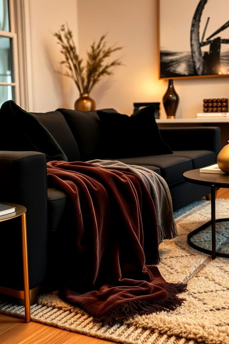 Mix Textures for Added Depth - 24 Living Room Ideas With Black Couches