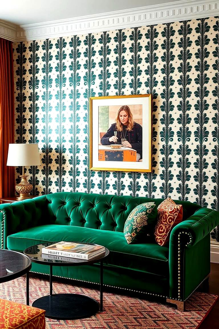 Mix with Bold Wallpaper for a Chic Touch - 24 Emerald Green Sofa Living Room Ideas