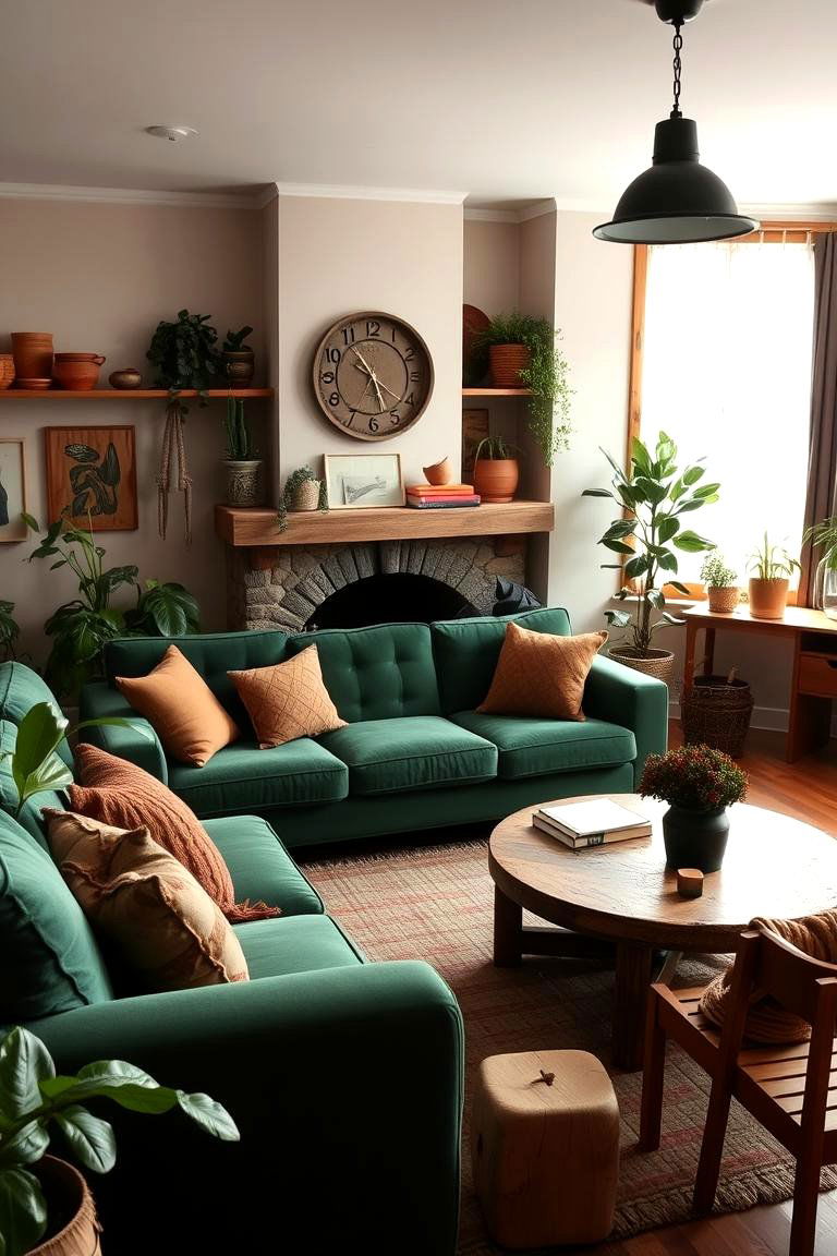 Mix with Earthy Tones for a Warm Feel - 24 Emerald Green Sofa Living Room Ideas