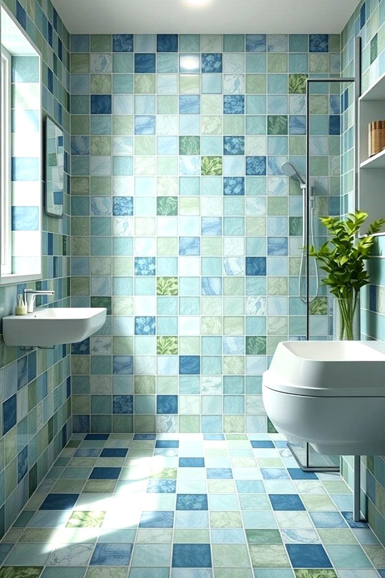 Mixed Blue and Green Tiles - 24 Blue Tile Bathroom Ideas