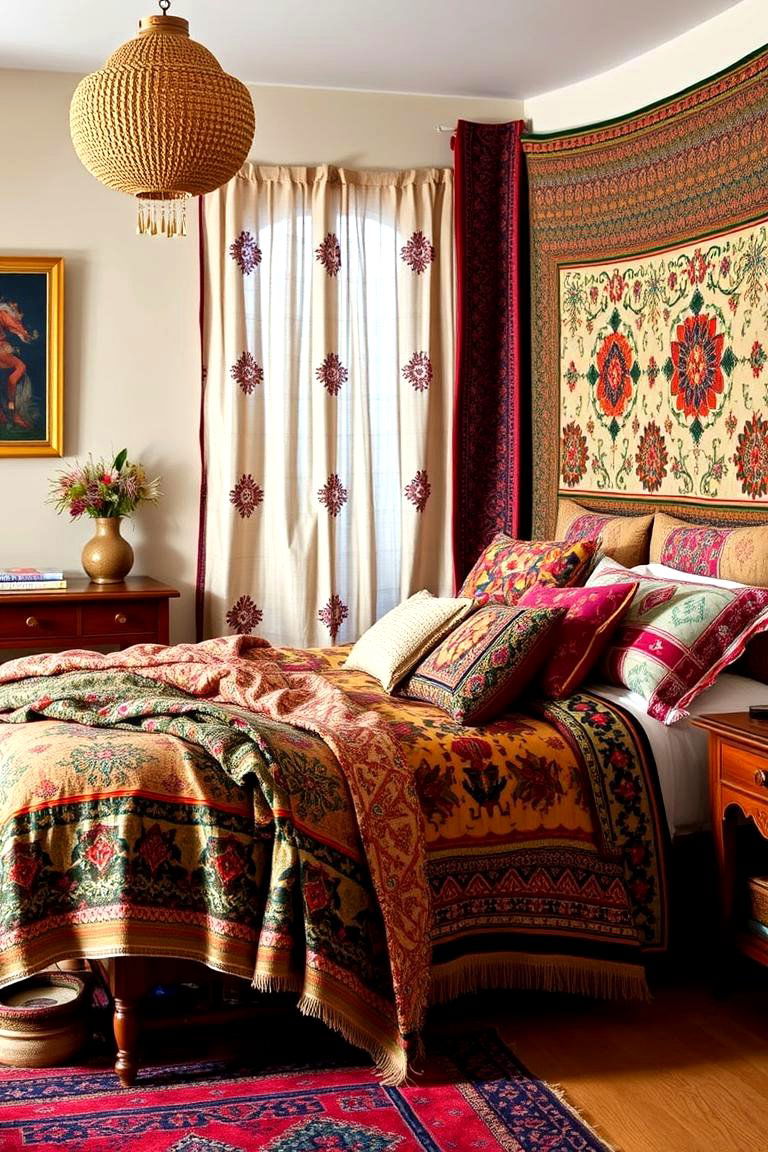 Mixed Cultural Textiles - 24 Green Boho Bedroom Ideas