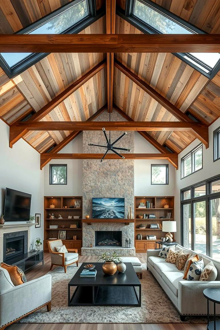 Mixed Material Accent Vault - 24 Living Room Vaulted Ceiling Ideas
