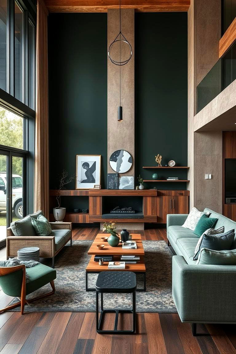 Mixed Material Dark Green Fusion - 24 Dark Green Living Room Ideas