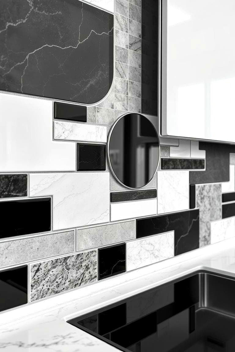Mixed Material Fusion - 24 Black and White Kitchen Backsplash Ideas