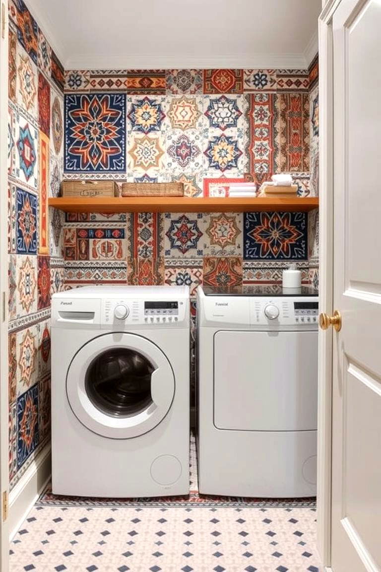 Mixed Pattern Wallpaper - 24 Boho Laundry Room Ideas