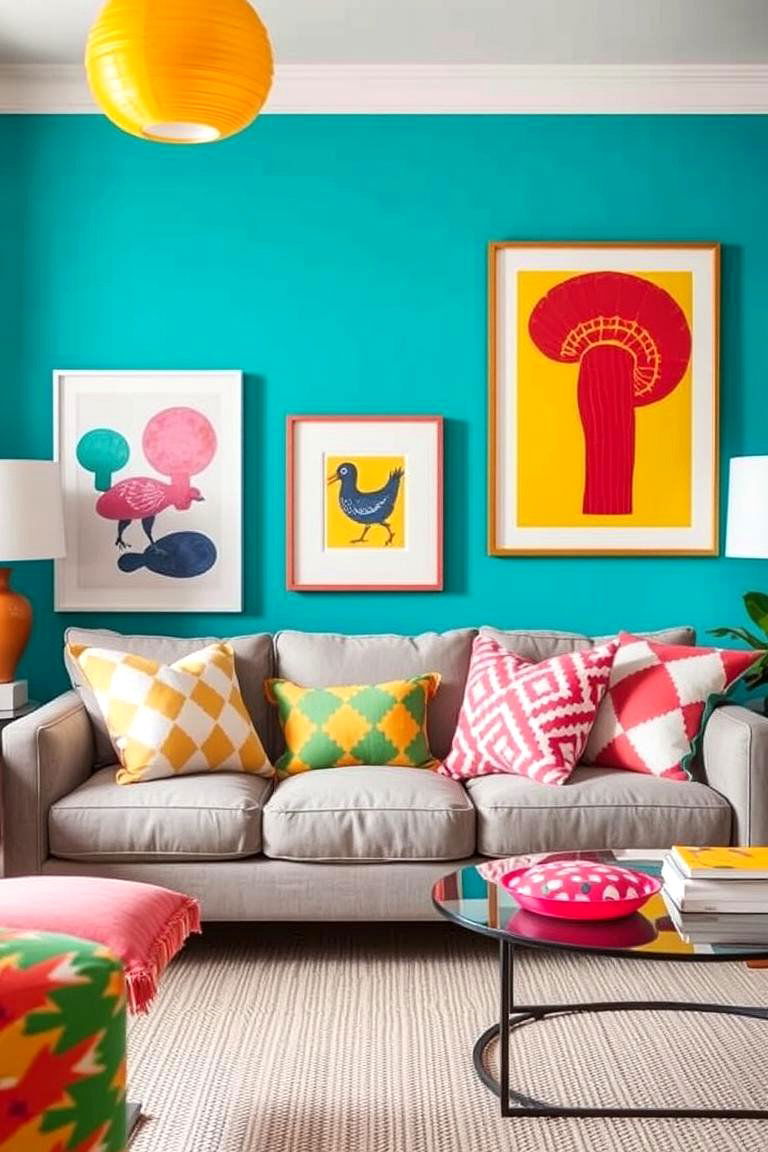 Mixing Colorful Accents - 24 Preppy Living Room Ideas