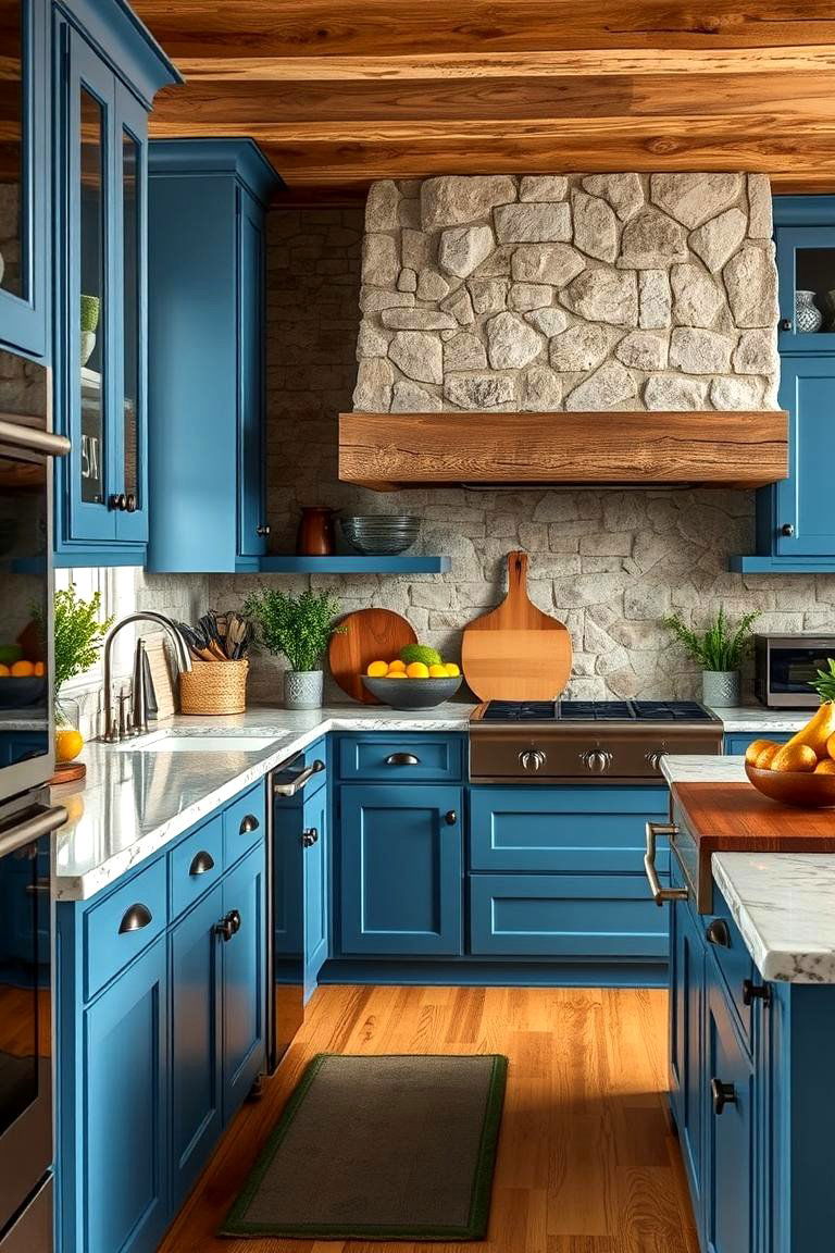 Mixing Materials for a Rich Dynamic Look - 24 blue farmhouse kitchen cabinets