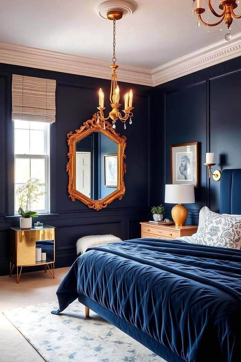 Mixing Navy Blue with Gold Accents - 24 Navy Blue Bedroom Ideas