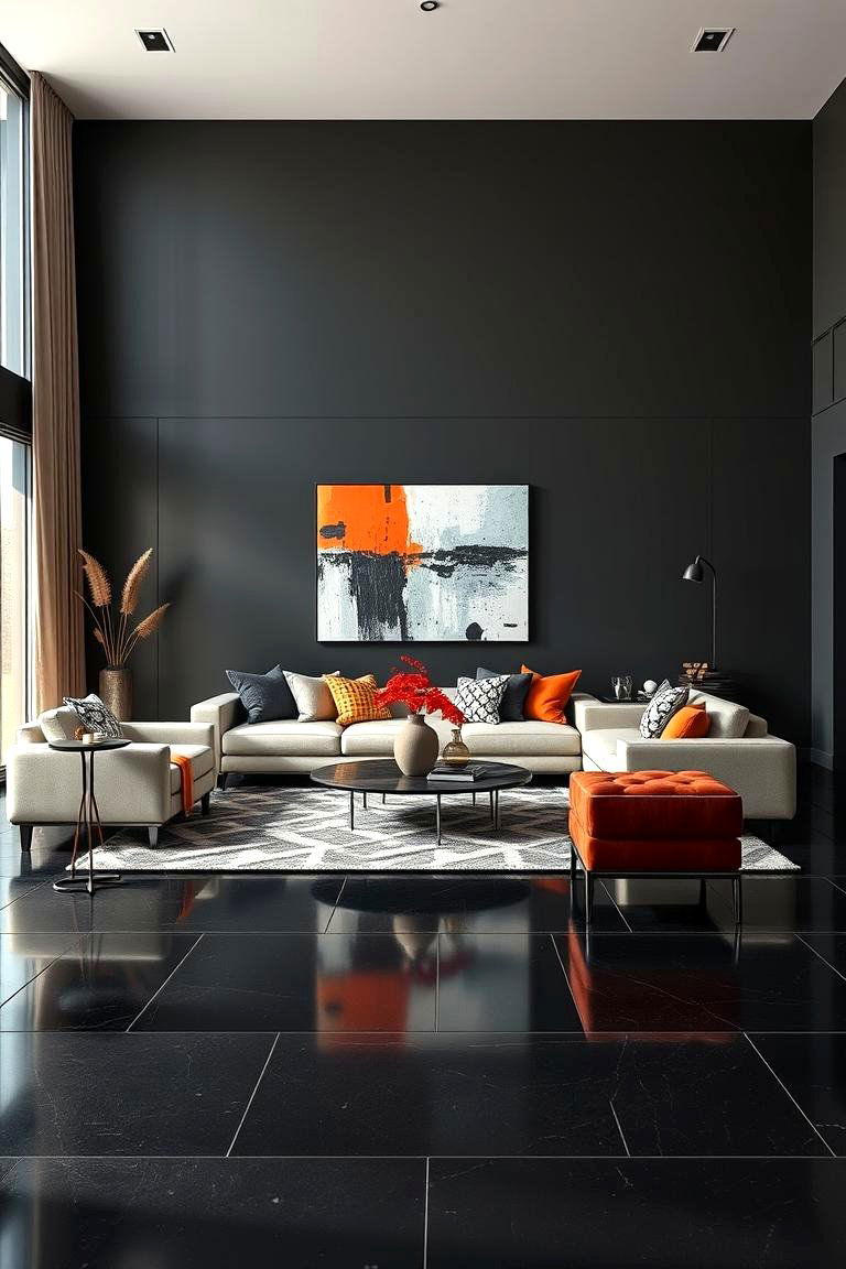 Modern Accents and Bold Floors - 24 Black Floor Living Room Ideas
