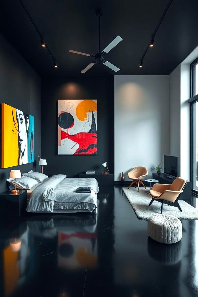 Modern Art Focused Black Floor Bedroom - 24 Black Floor Bedroom Ideas