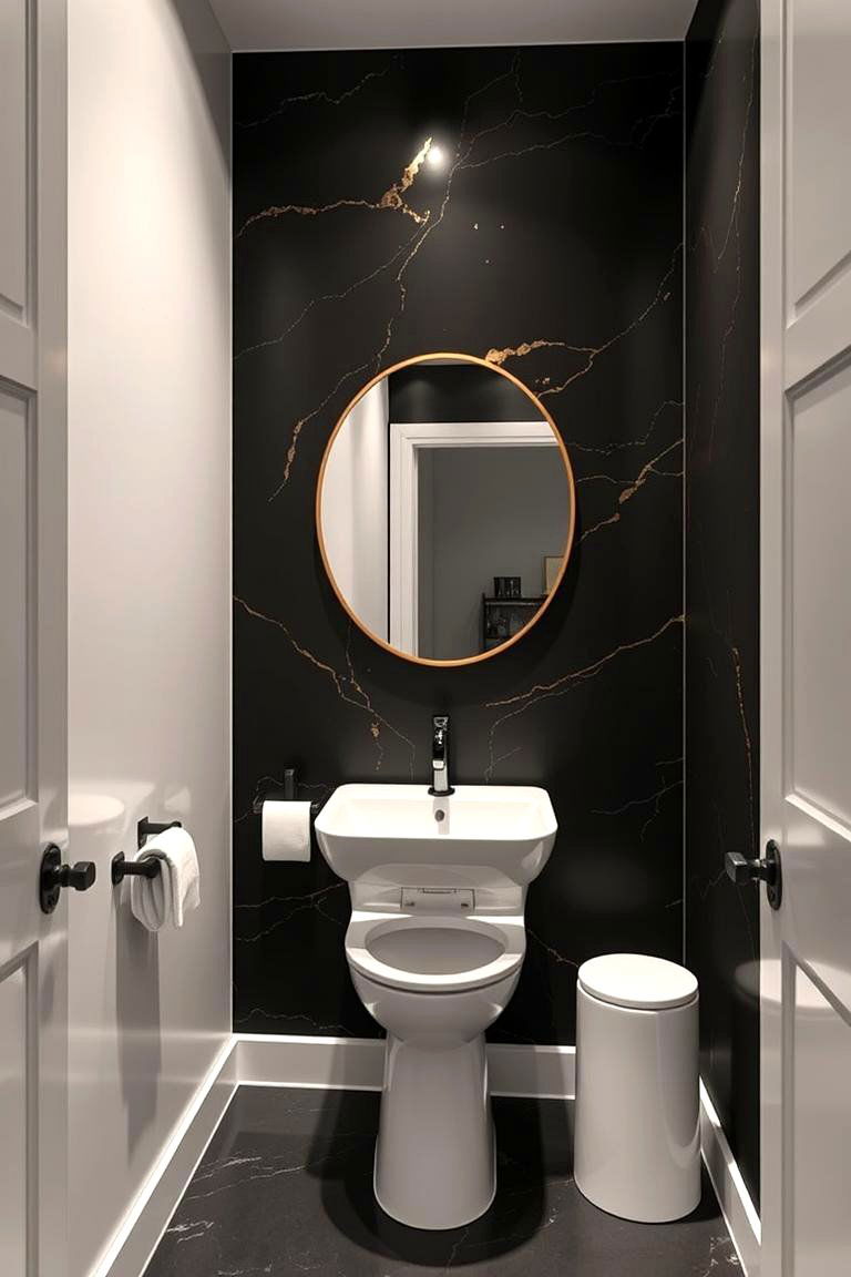 Modern Black Accent Wall with Gold Highlights - 24 black and gold powder room ideas