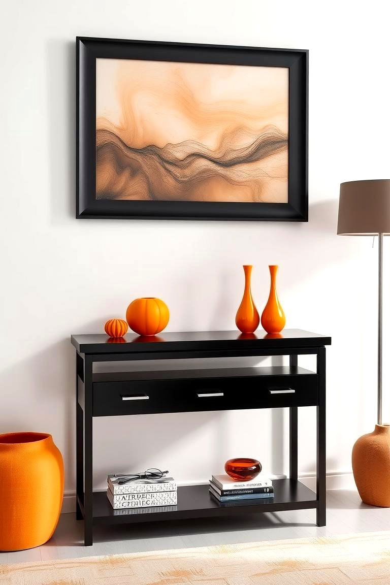Modern Black Console Table with Vibrant Orange Touches - 24 Black and Orange Living Room Ideas