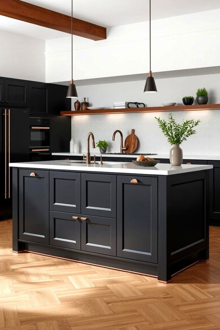 Modern Black Kitchen Island with Copper Detailing - 24 black and copper kitchen ideas