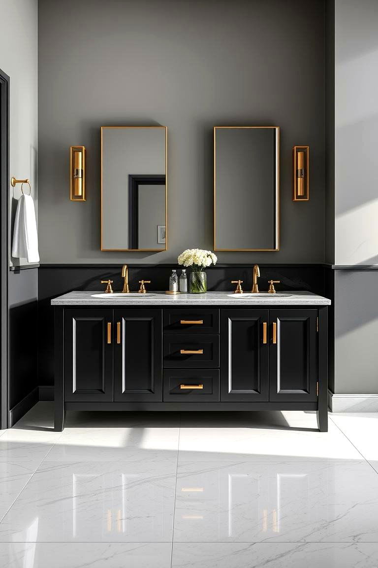 Modern Black Vanities with Gold Hardware - 24 Black and Gold Bathroom Ideas