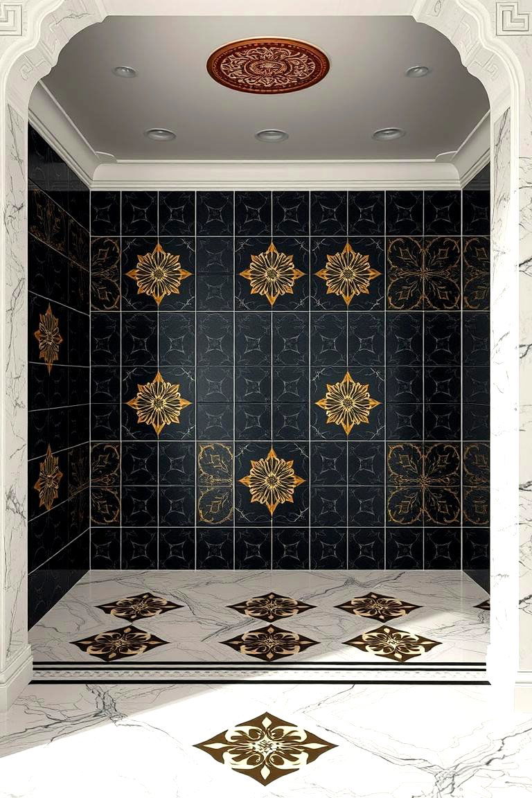 Modern Black and Gold Patterned Tiles - 24 black and gold powder room ideas