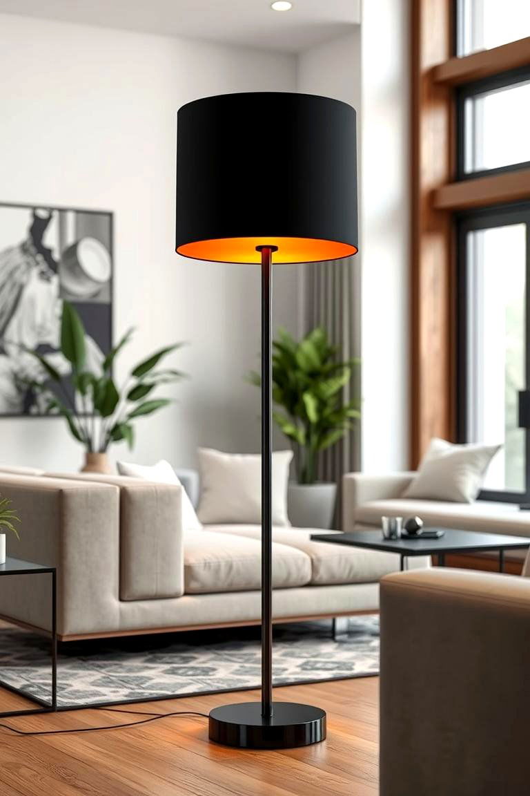 Modern Black and Orange Floor Lamp for Ambience - 24 Black and Orange Living Room Ideas