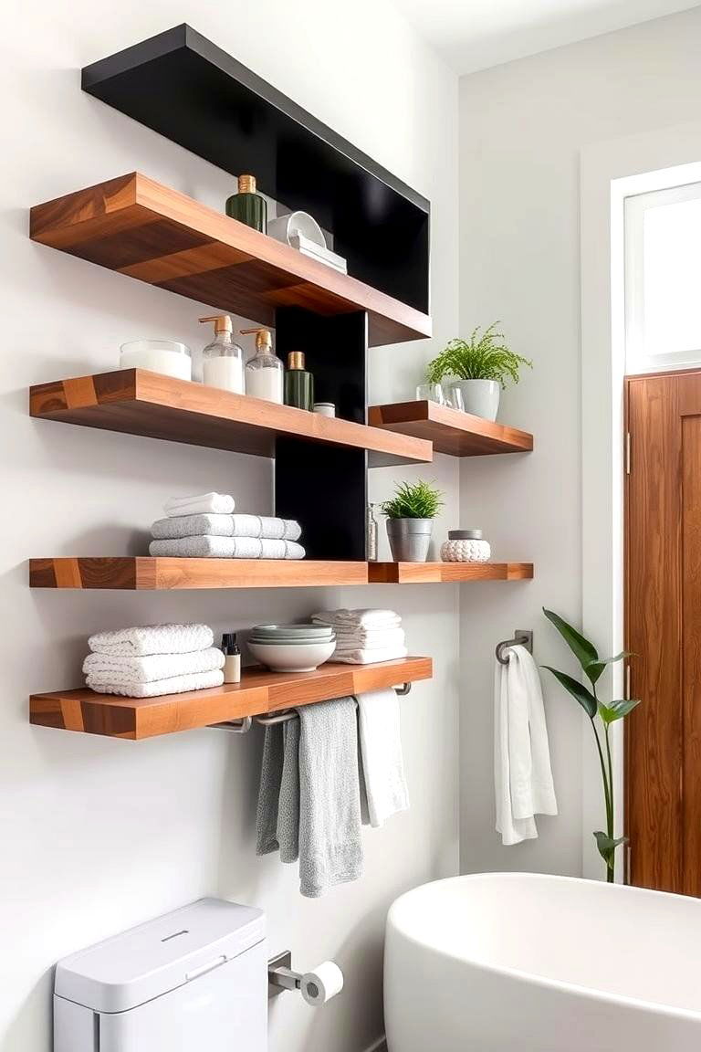 Modern Black and Wood Floating Shelves - 24 Black and Wood Bathroom Ideas