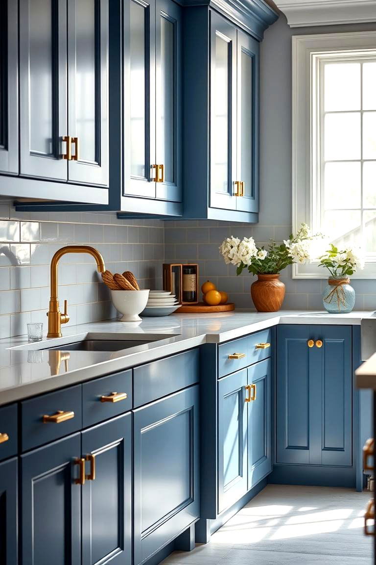 Modern Coastal Elegance - 24 blue kitchen cabinets with gold hardware