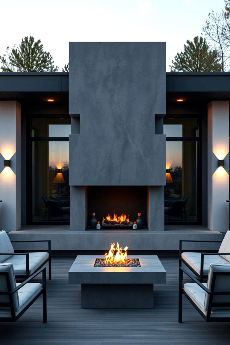 Modern Concrete Fireplace Feature - 24 Porch Fireplace Ideas