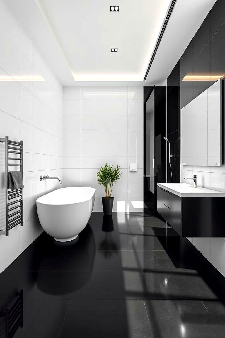 Modern Contrast with Sleek Lines - 24 Black Floor Bathroom With White Walls Ideas