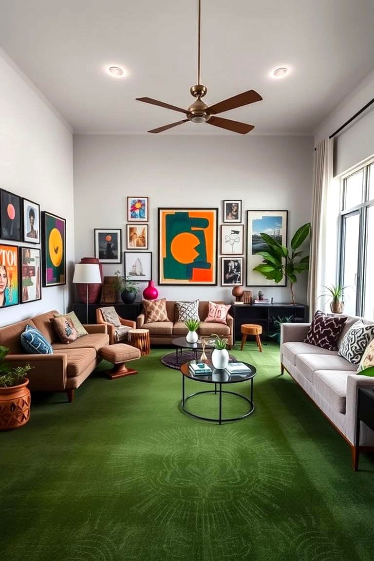 Modern Eclectic Green Carpet Space - 24 Green Carpet Living Room Ideas