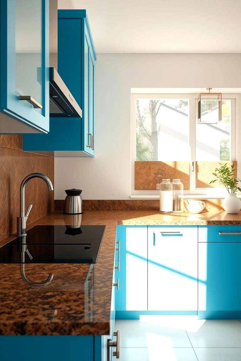Modern Elegance in Blue and Brown - 24 blue kitchen cabinets with brown granite countertops