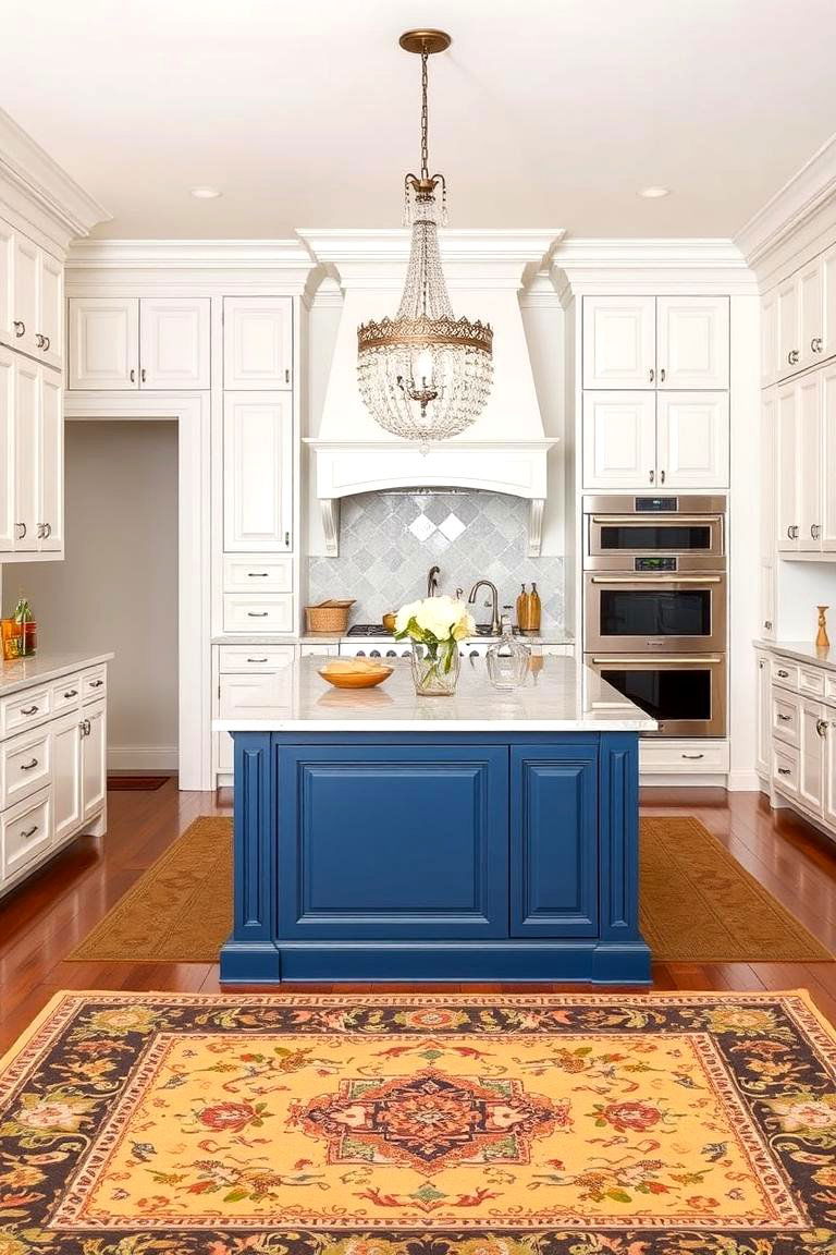 Modern Elegance with Sleek White and Deep Blue - 24 White Kitchen Cabinets With Blue Island