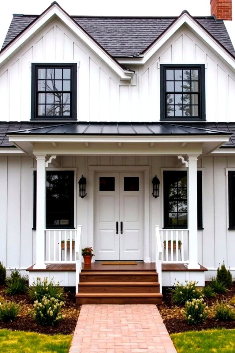 Modern Farmhouse with Board and Batten Siding - 24 White Exterior Home with a Black Roof Ideas